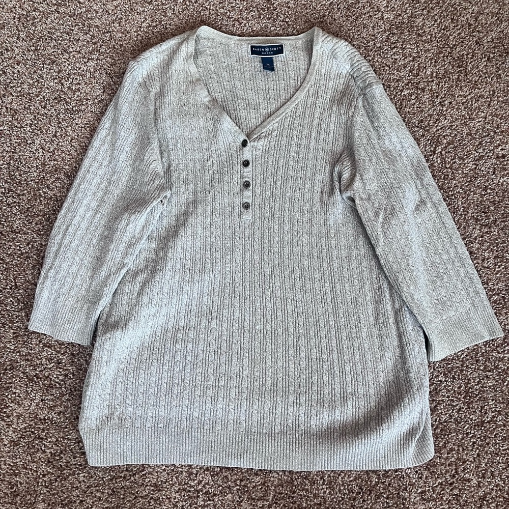 Karen‎ Scott Gray Cozy Henley Ribbed Button-Up Sweater